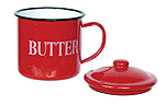 Red speckled enamelware butter mug